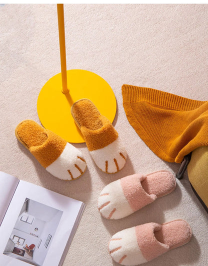 Shevalues Indoor Warm Plush Slippers For Women Men Cute Cat Paw Design House Fur Slippers Mute Flats Slides Indoor Fluffy Shoes