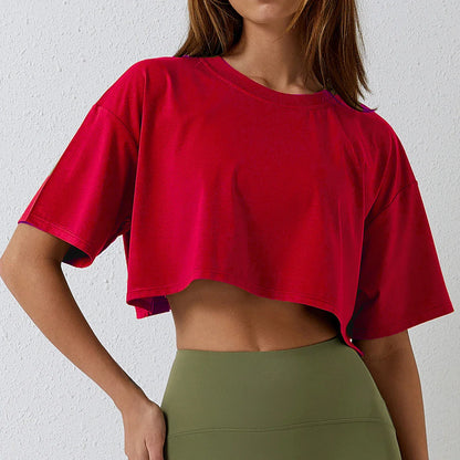 Cotton Women Short Sleeve Dance Running Clothes Yoga Fitness Crop Top Navel Baring New Sport T-Shirt Loose Gym Workout Shirts