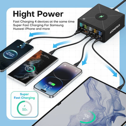 160W 5 Ports USB Charger Staion 15W Wireless Charging PD 65W QC3.0 Type C Fast Charger for iPhone 15 Pro Macbook Samsung Laptop