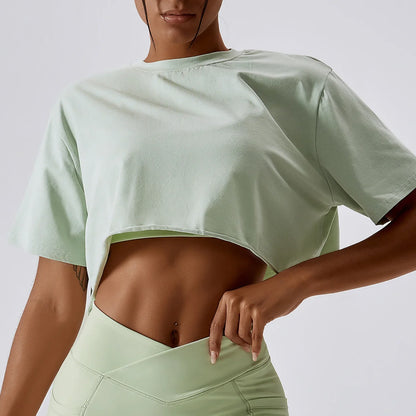 Casual T-Shirt Cotton Women Short Sleeve Dance Sports Running Clothes Yoga Fitness Crop Top Loose Gym Workout Shirts