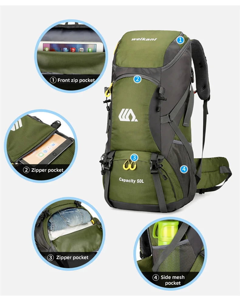 50L Travel Backpack Camping Men Large Hiking Bag Tourist Rucksack Waterproof Outdoor Sports Climbing Mountaineering Bag Luggage