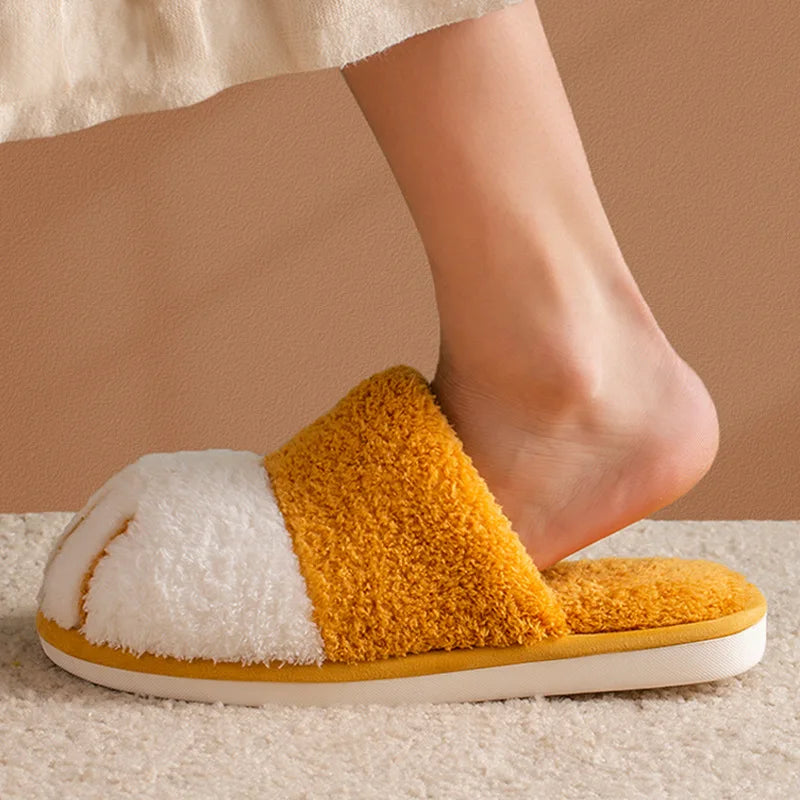 Shevalues Indoor Warm Plush Slippers For Women Men Cute Cat Paw Design House Fur Slippers Mute Flats Slides Indoor Fluffy Shoes