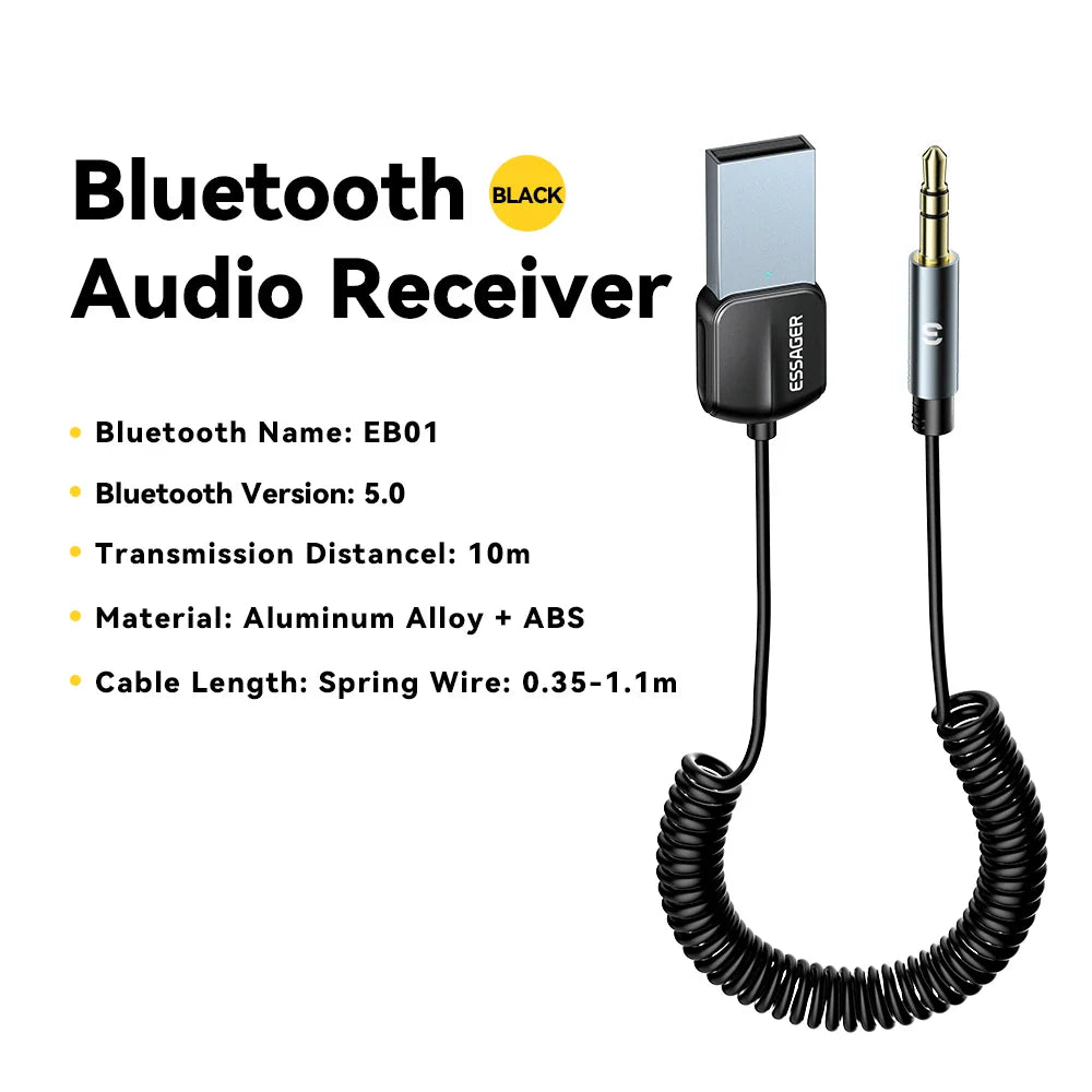 Essager USB Bluetooth 5.0 Receiver Aux Bluetooth Adapter For Car 3.5mm Jack Speaker Auto Handfree Car Audio Music Transmitter
