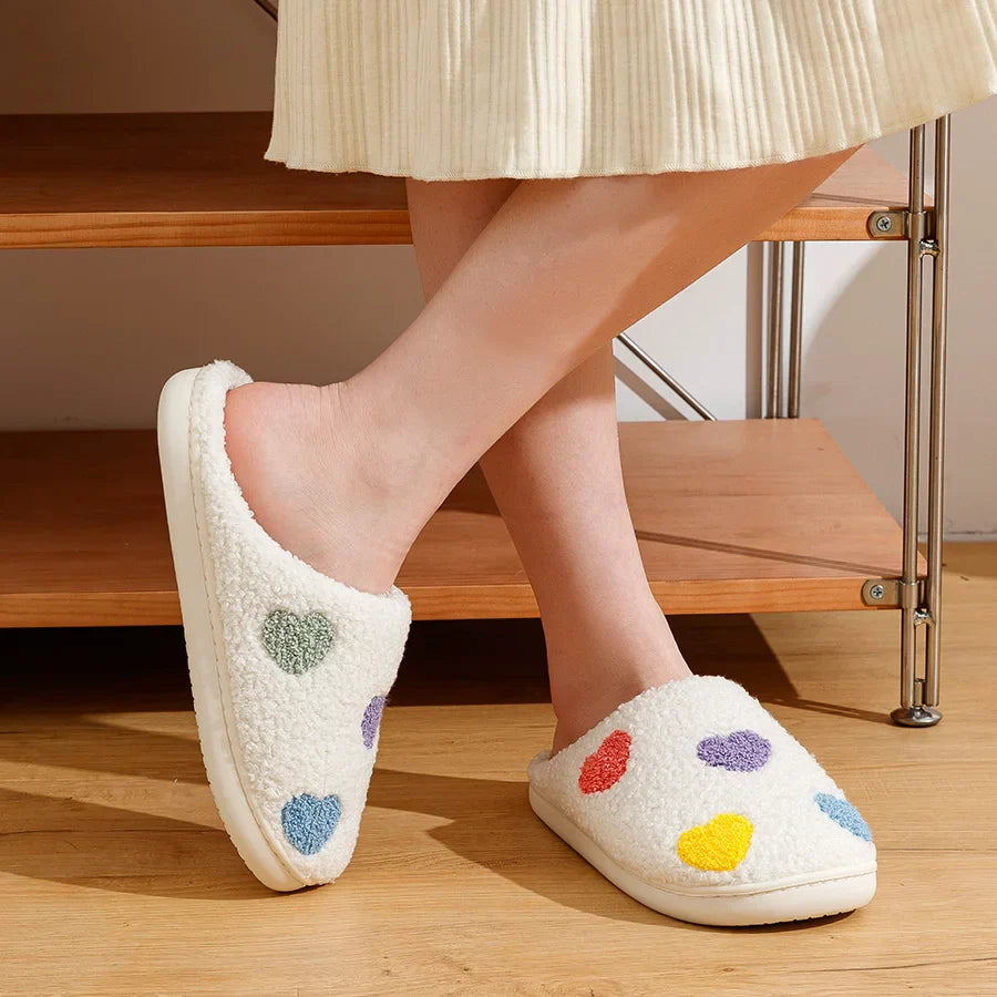 Cute Color Heart Women Slippers Valentine's Day Embroidery Fuzzy Romantic Love Comfy Flat Girl Friend Gift Winter Home Shoes
