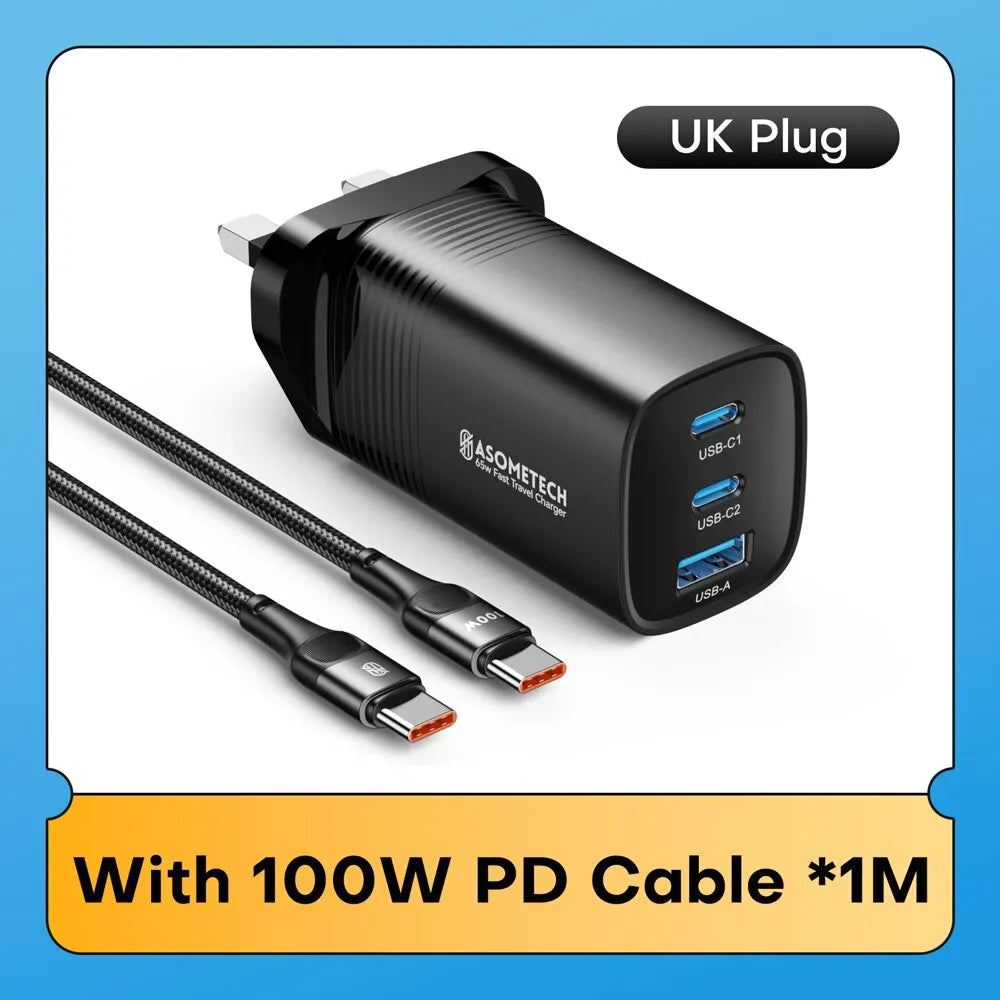 ASOMETECH GaN USB Type C Charger 65W 45W PPS PD QC4.0 Quick Charger For Macbook Laptop IPAD Tablet iPhone 16 Samsung S23 Ultra