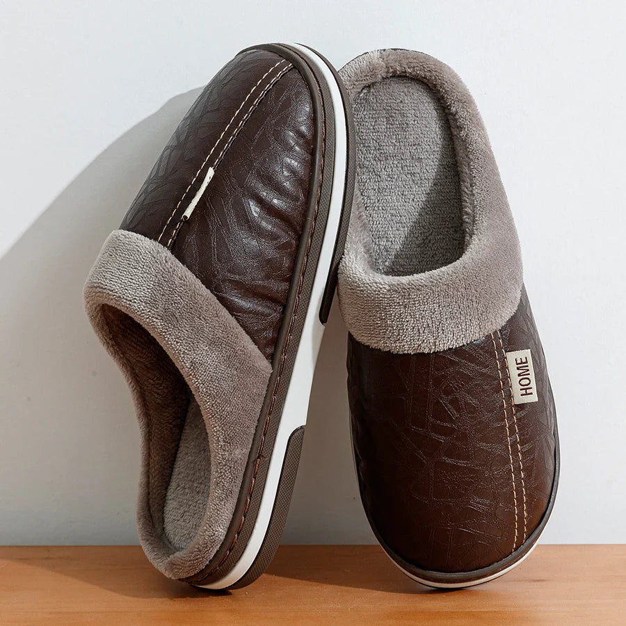 Men's Big Size Winter slippers Indoor PU Leather Home Waterproof Fluffy Casual Slides Men Bedroom Comfy Shoes Houseshoes