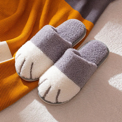 Shevalues Indoor Warm Plush Slippers For Women Men Cute Cat Paw Design House Fur Slippers Mute Flats Slides Indoor Fluffy Shoes