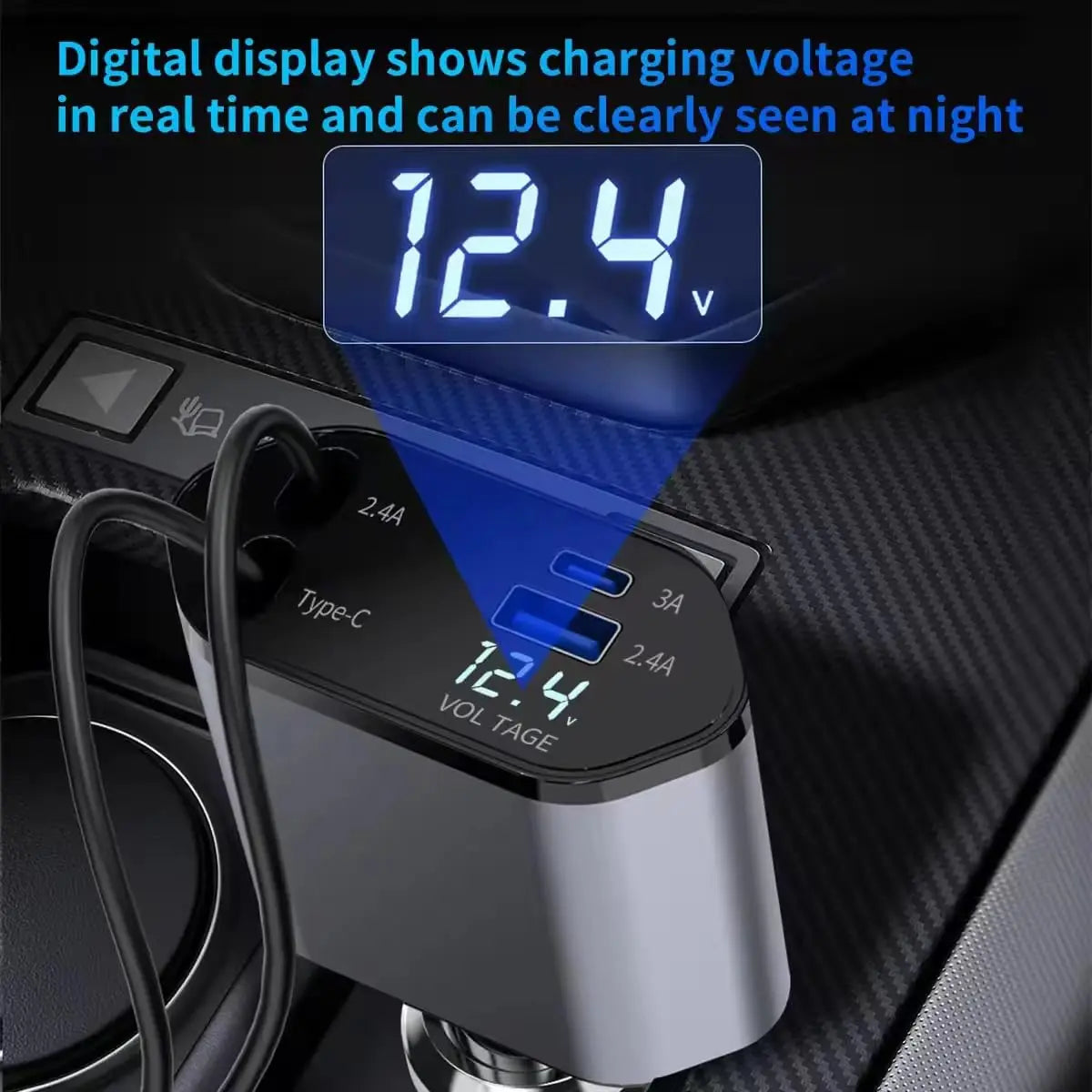 Retractable Car Charger, 4 in 1 Fast Car Phone Charger with Cord 2.6ft, Retractable Cable and 2 USB Ports Car Charger Adapt