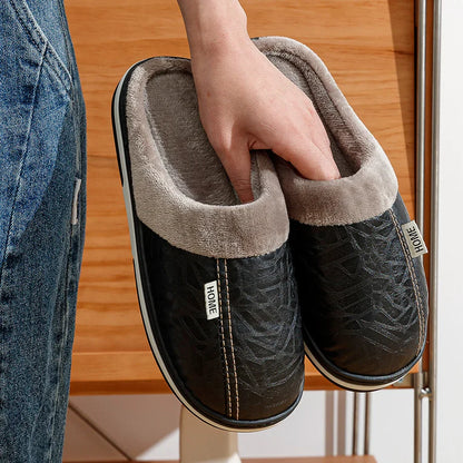 Men's Big Size Winter slippers Indoor PU Leather Home Waterproof Fluffy Casual Slides Men Bedroom Comfy Shoes Houseshoes