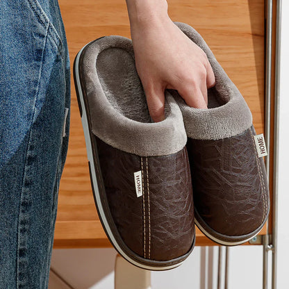 Men's Big Size Winter slippers Indoor PU Leather Home Waterproof Fluffy Casual Slides Men Bedroom Comfy Shoes Houseshoes