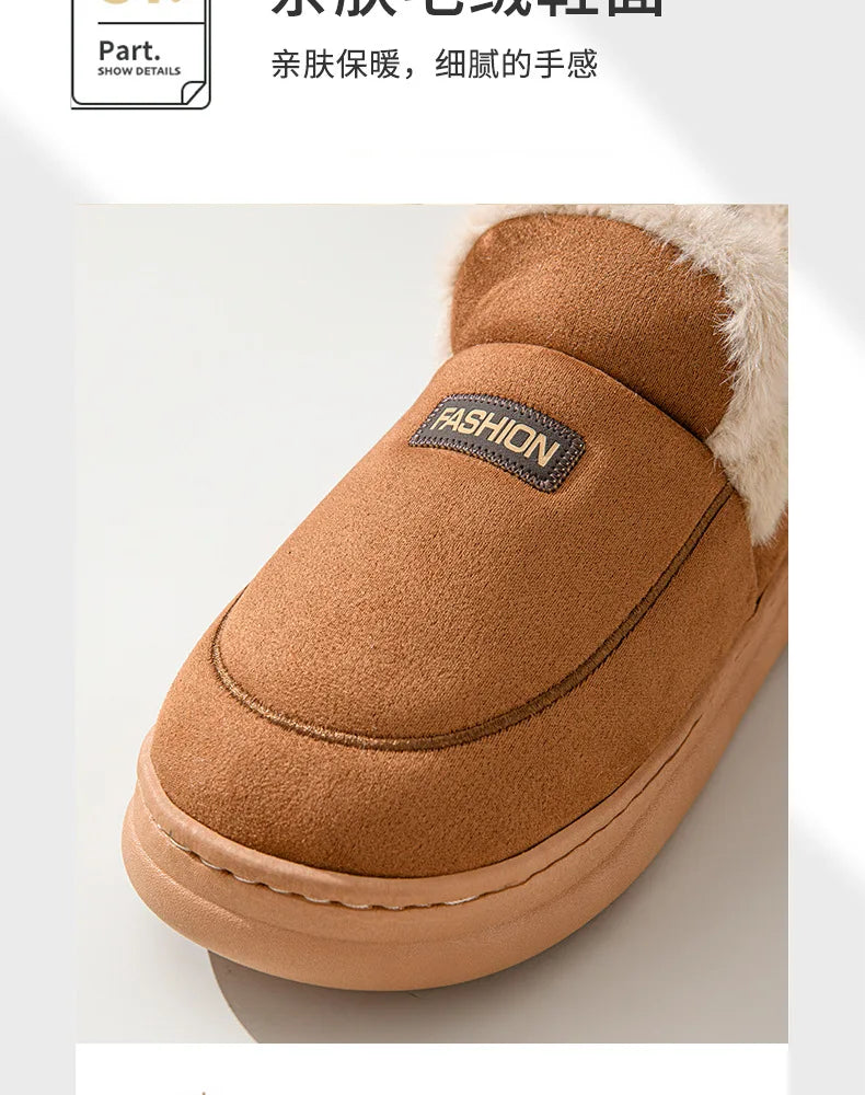 Comwarm Women Cotton Slippers Winter Warm Plush Lined Outdoor Slides Couple Non-slip Furry House Slippers Soft Cozy Cotton Shoes