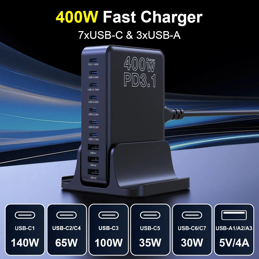 UHOMEBUY 400W USB C Charger 10-Ports GaN Charging Station 140W Max Single Port PD3.1 Fast Charger for MacBook Pro iPhone Samsung
