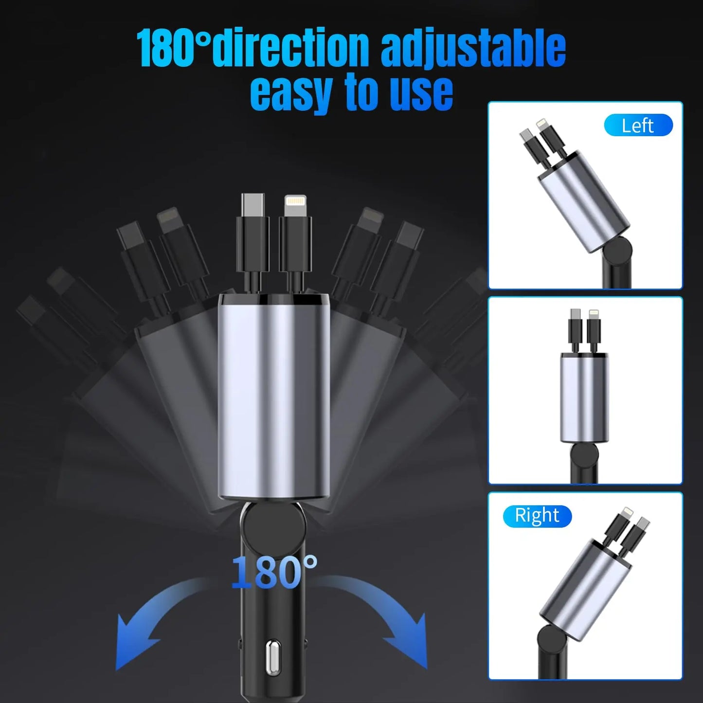 Retractable Car Charger, 4 in 1 Fast Car Phone Charger with Cord 2.6ft, Retractable Cable and 2 USB Ports Car Charger Adapt