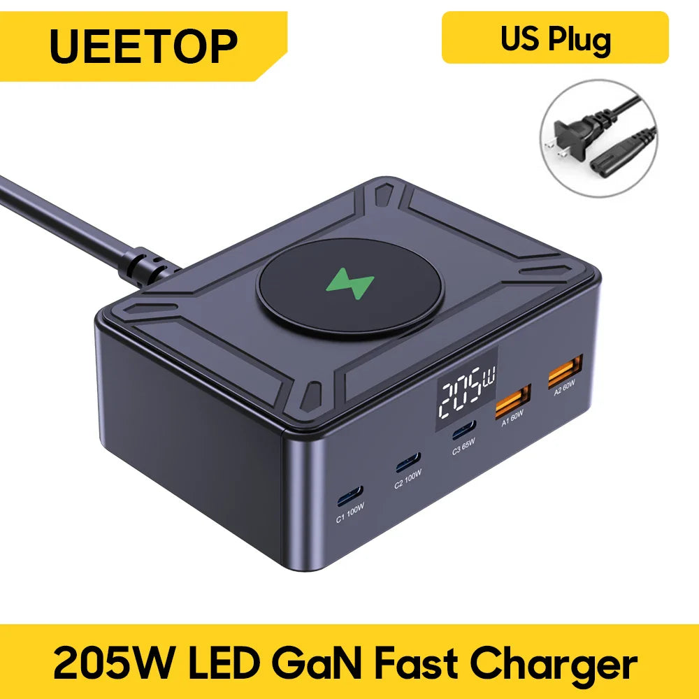 Ueetop 205W GaN Charger Digital Display Desktop USB Type C Charger PD 100W PPS 45W QC4.0 Fast Charging For Laptop Tablet Phone