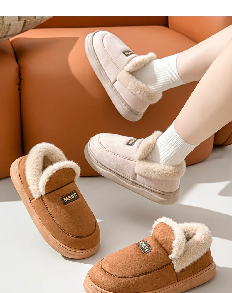 Comwarm Women Cotton Slippers Winter Warm Plush Lined Outdoor Slides Couple Non-slip Furry House Slippers Soft Cozy Cotton Shoes