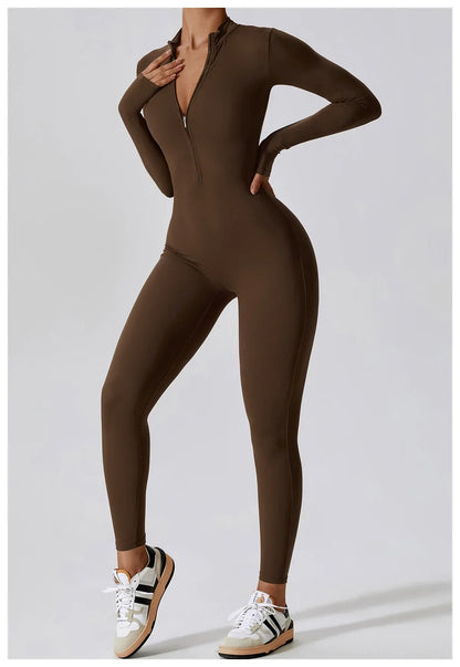 Yoga Boilersuit Long Sleeved Women's Sportswear Gym Zipper Jumpsuits Workout High-intensity Fitness One-piece Skin-tight Garment