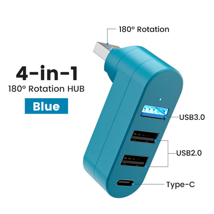 Elough Mini 180° Rotatable 4 Ports USB 3.0 2.0 Hub Type C High Speed Data Transfer U Disk Splitter Adapter For Laptop MacBook PC