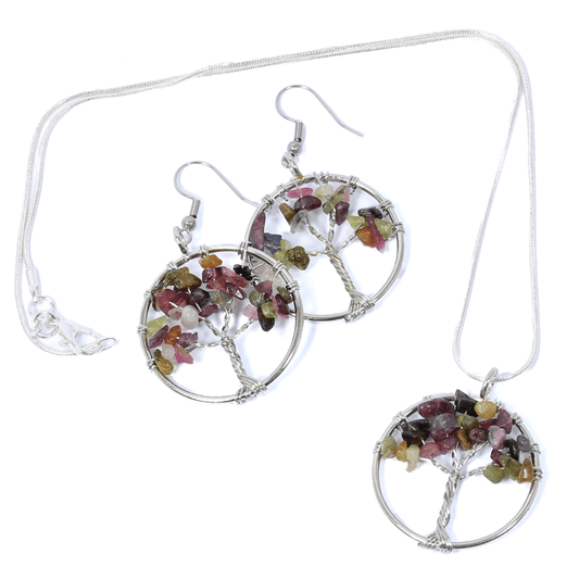 Watermelon Tourmaline Tree Of Life Jewellery Set (Necklace & Earrings)