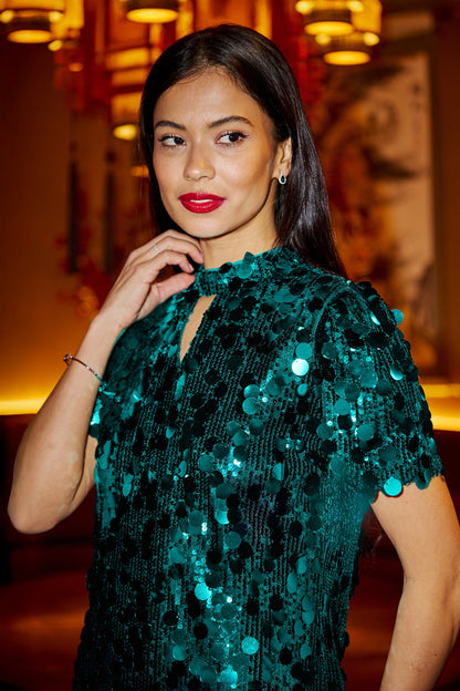 Yumi Green Big Sequin Tunic With Keyhole Neckline