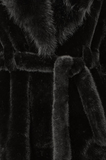 Yumi Black Wrap Faux Fur Coat With Oversize Collar