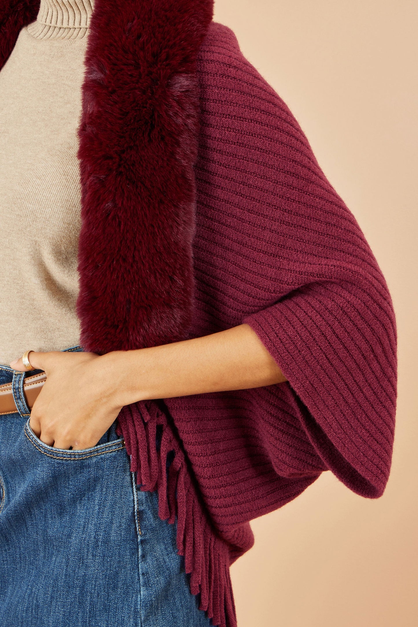 Yumi Burgundy Fur Collar Shrug With Tassel Hem