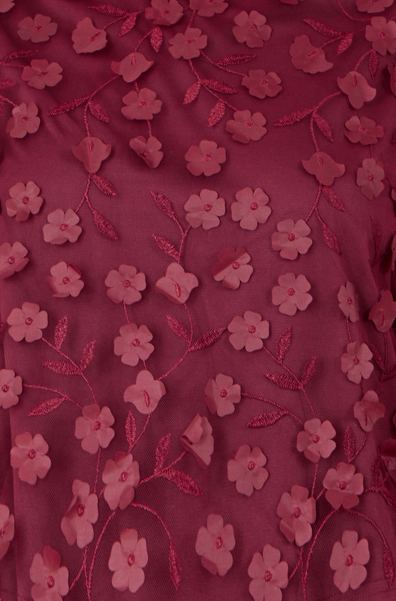 Yumi Burgundy Sheer Sleeve Applique Flower Top