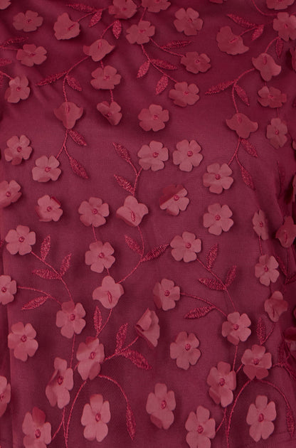 Yumi Burgundy Sheer Sleeve Applique Flower Top