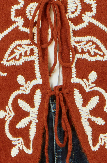Yumi Brown Folk Embroidered Tie Front Cardigan