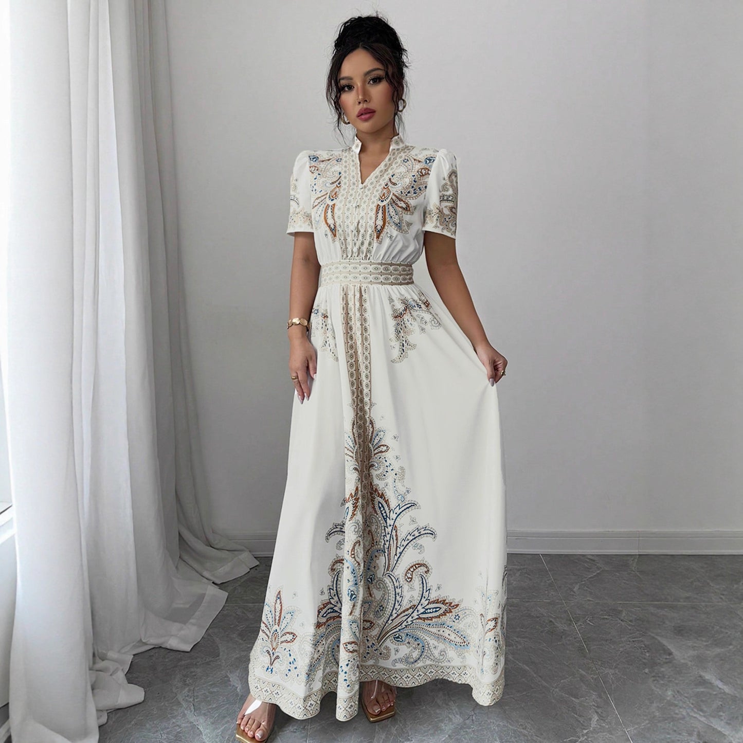 Paisley-patterned, High-waisted, Stand-collar Lace-trimmed, Draping Maxi Dress