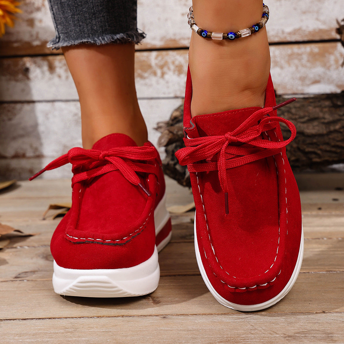 European And American-style Thick-soled Loafers With Front Laces And A Wedge Heelcasual Single-layer Shoes