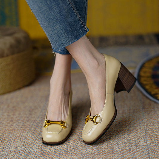 Womens Retro Square-Toe French-Style Chunky-Heel Pumps