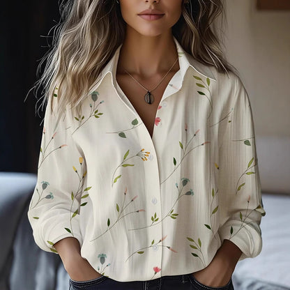 Floral-print Long-sleeve Shirt Delicate Linen Casual Blouse