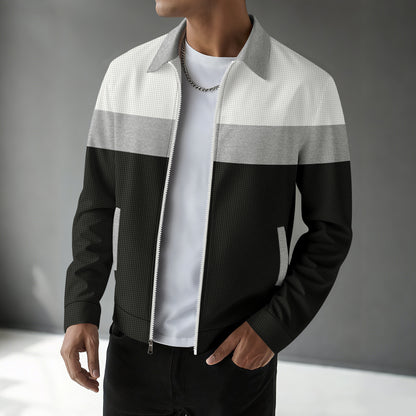 Waffle-knit Colorblock Cardigan With Zippered Pockets And A Notched Collar
