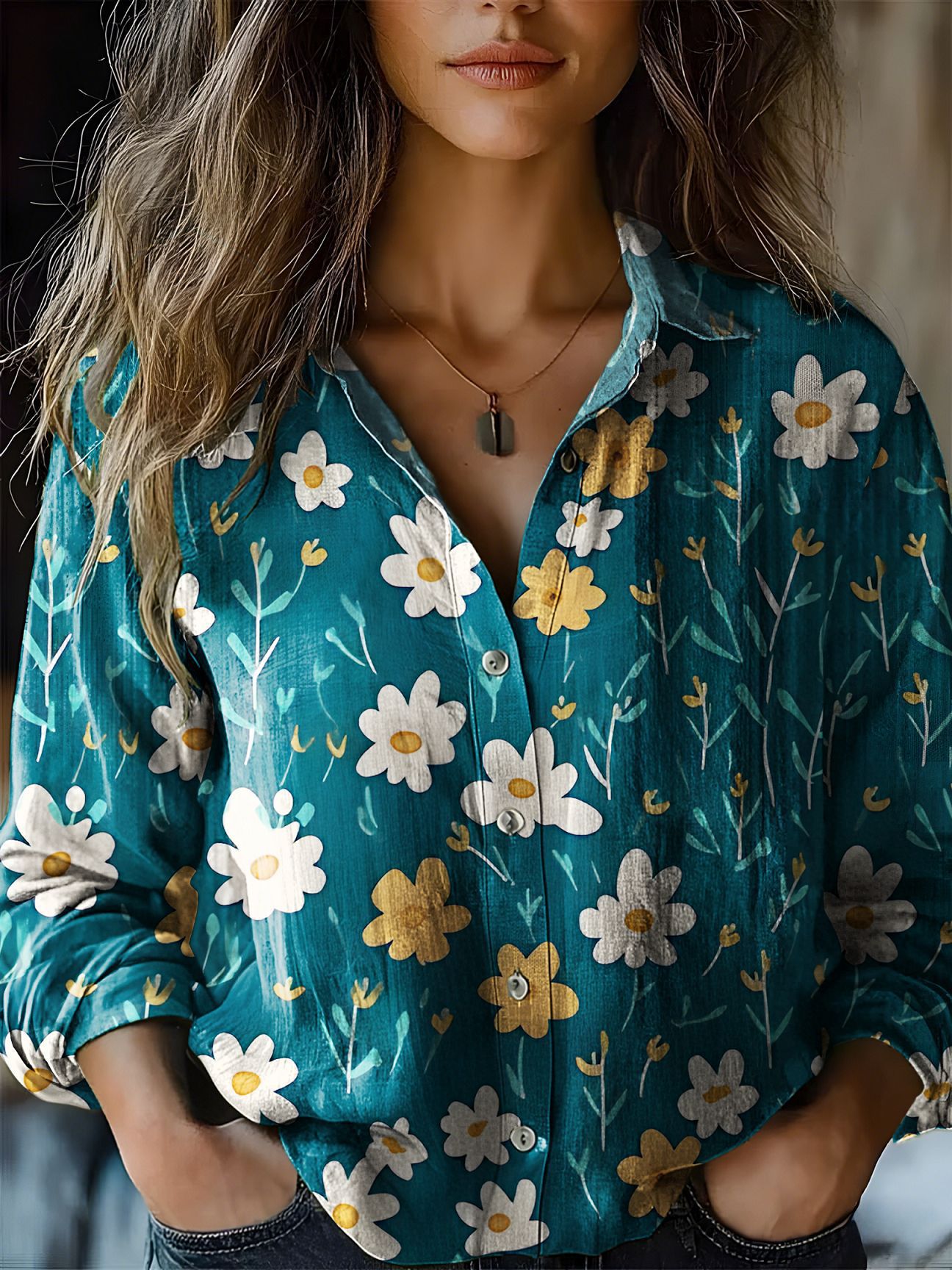 Floral-print Long-sleeve Shirt Delicate Linen Casual Blouse