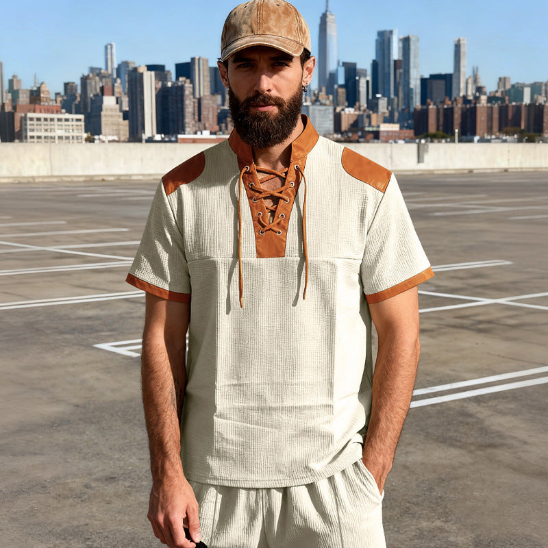 Mens Casual Medieval-Style Drawstring-Collar Short-Sleeve T-Shirt
