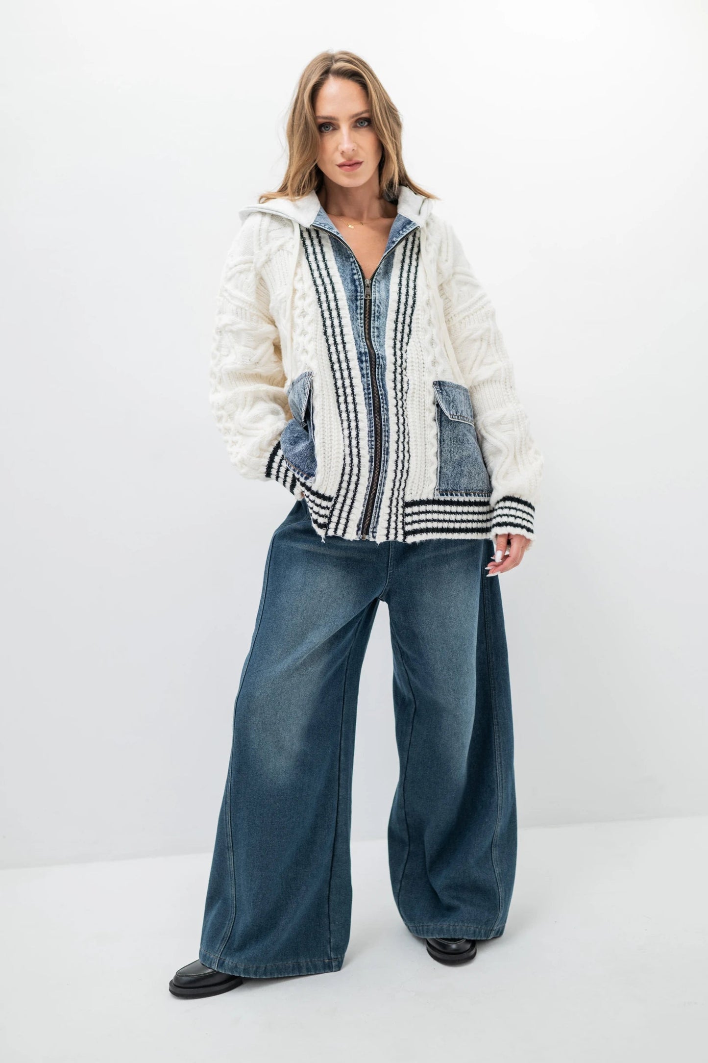 AURA – Hybrid zip-up jacket in cable knit and denim