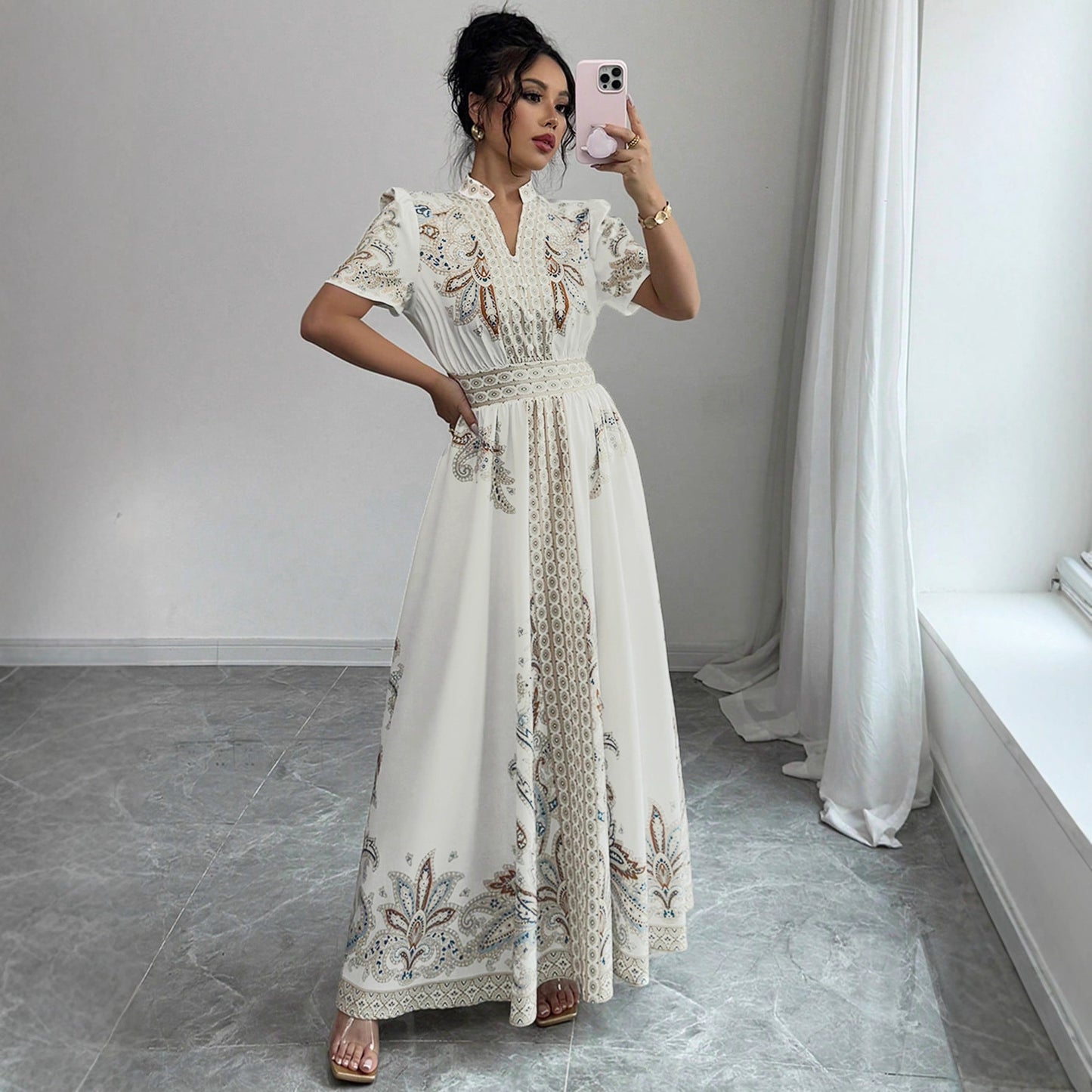 Paisley-patterned, High-waisted, Stand-collar Lace-trimmed, Draping Maxi Dress