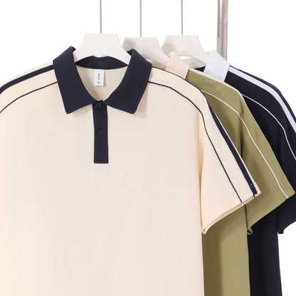 Casual Lapel Short Sleeve T-Shirt Loose Cotton Drop Shoulder Polo Shirt