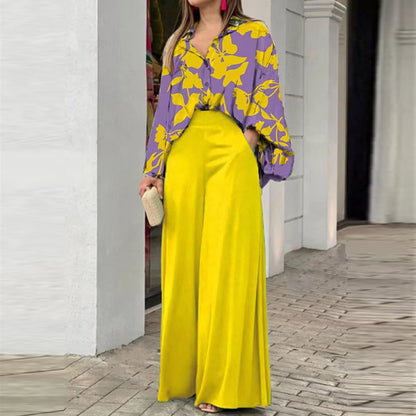 Flowers Print Suits Fashion Casual Button-up Long-sleeved Shirt And Wide-leg Pants Loose Beach Trousers Set