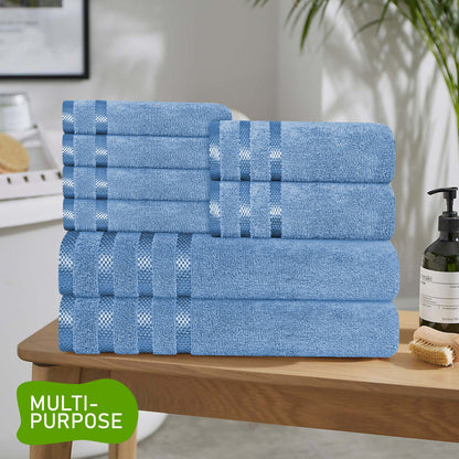 Belmont Viscose Stripe Blue Towels 100% Cotton Hotel Quality Super Absorbent 10 Piece Bale Set, 4 Hand Towel & 12 Face Cloths by OLIVIA ROCCO
