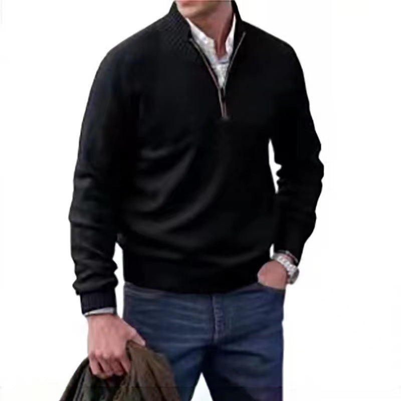 Men's Pullover Sweater Fashion Zipper Stand Collar Knitted Top Casual Solid Color Sweatshirt Clothing