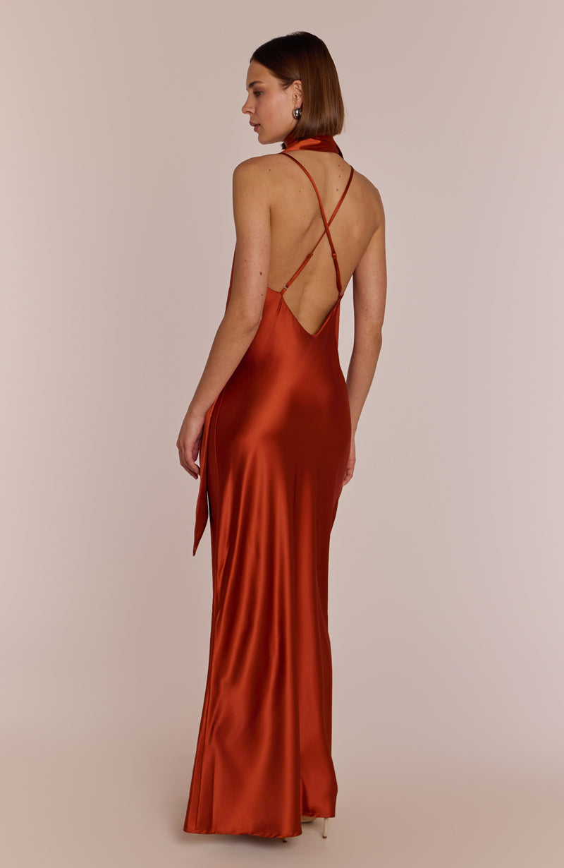Brooklyn Dress in Burnt Orange Satin