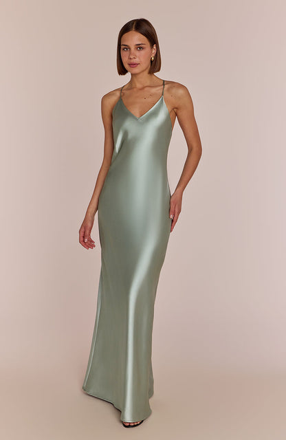 Brooklyn Dress in Sage Green Satin