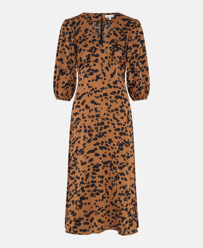 Brown Leopard Satin Midi Dress