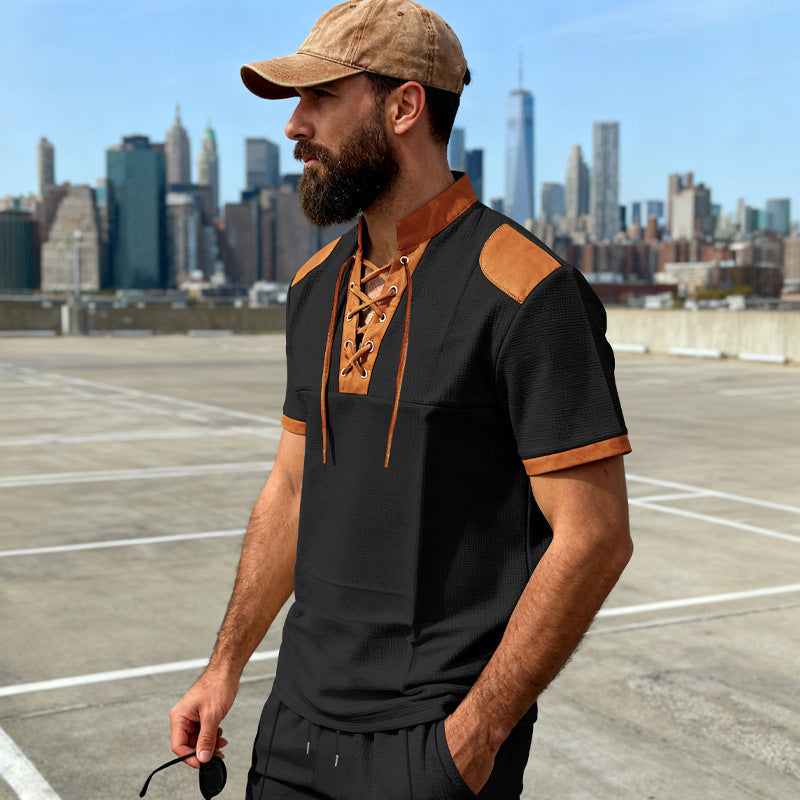 Mens Casual Medieval-Style Drawstring-Collar Short-Sleeve T-Shirt