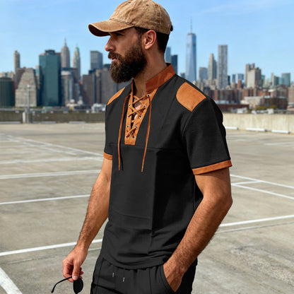 Mens Casual Medieval-Style Drawstring-Collar Short-Sleeve T-Shirt
