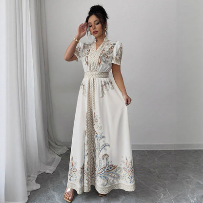 Paisley-patterned, High-waisted, Stand-collar Lace-trimmed, Draping Maxi Dress