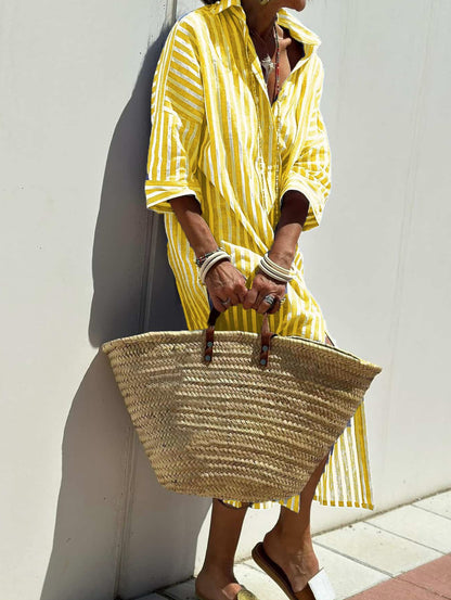 Striped Shirt Dress With Belt Fashion Half-sleeved Lapel Button Cardigan Dresses Women's Clothing