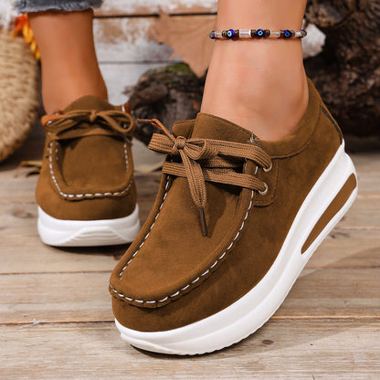 European And American-style Thick-soled Loafers With Front Laces And A Wedge Heelcasual Single-layer Shoes
