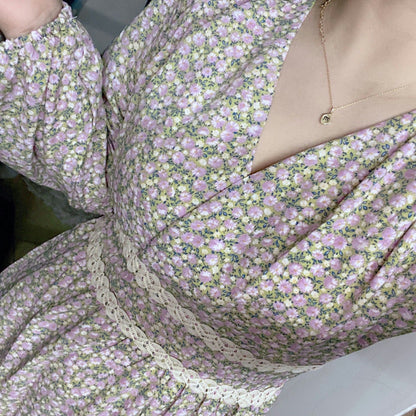 Womens New Floral Dress With A French Collar And Defined Waistline
